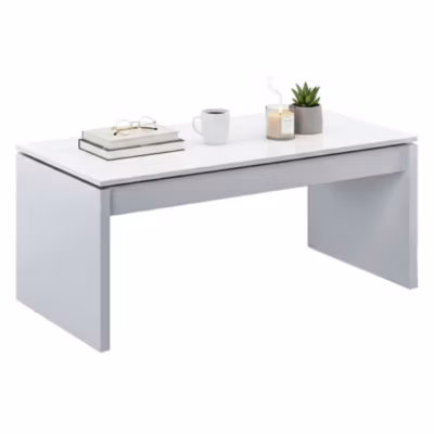 Table basse Ontario, Table basse avec plateau relevable, Table basse de salon, 102x50h43/54 cm, Blanc brillant