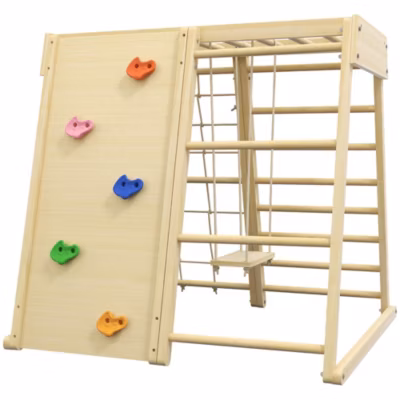 Ensemble d&rsquo;escalade aire de jeux 5 en 1 – balançoire, mur d&rsquo;escalade et filet, échelle, jouets d&rsquo;escalade – bois naturel