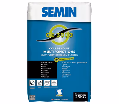 Enduit Multifonctions CE 3000 Semin pour Coller, Fixer, Reboucher, Aplanir, Lisser et Décorer, Intérieur, Sac de 25 kg