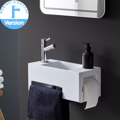Lave mains en solid surface Maximo 40 x 18 avec dérouleur papier et porte-serviette – robinet à gauche