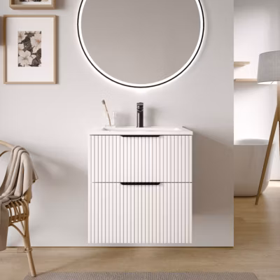 Meuble vasque Blanc mat strié de salle de bain 60x46x62cm (LxPxH) + vasque céramique, Poignées chrome – TIM60