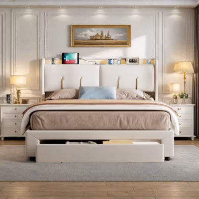 Lit double 160×200 cm avec coffre hydraulique, tête de lit velours beige, LED réglable, ports USB et prises EU