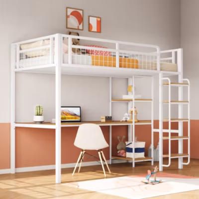 Lit mezzanine 90×200 cm enfant métal, bureau et étagères intégrés, échelle de sécurité, garde-corps métal, blanc – Sans matelas