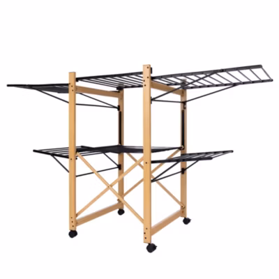 Étendoir à linge pliable sur roulettes 28vm d&rsquo;étendage 2 niveaux, aluminium effet bois et plastique noir, Kitchen Move Ushuaia