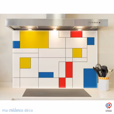 Crédence cuisine fond de hotte Mondrian – Verre trempé – L 90 cm x H 50 cm – MaCrédenceDéco