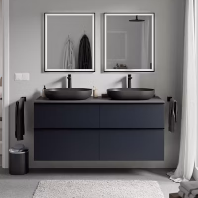Meuble sous vasque suspendu MDF Bleu nuit mat, plan vasque Anthracite mat, poignée Noir mat – 120x46x62cm – LAVOA
