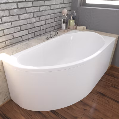 Baignoire asymétrique 140 x 70 Droite MIKI acrylique blanc + avec Tablier + Pieds + Vidage à chromé