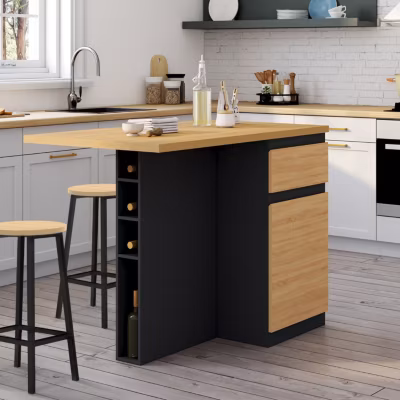 Ilot central TINO 120 cm avec range-bouteilles 4 personnes bois noir avec plan de travail façon hêtre