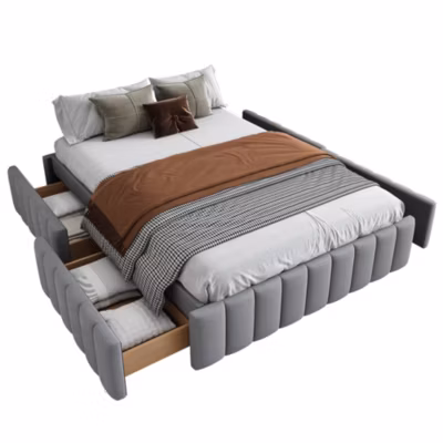 Lit 140×200 cm avec 4 tiroirs et rangement sous-lit, tapissé velours gris, design minimaliste et montage facile