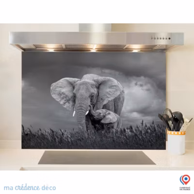 Crédence cuisine fond de hotte Eléphanteau avec sa maman – Alu composite – L 90 cm x H 60 cm – MaCrédenceDéco
