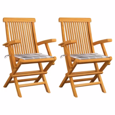 Chaises de jardin lot de 2 avec coussins à carreaux gris Teck vidaXL