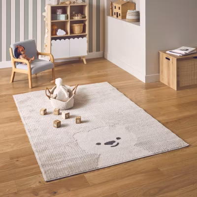 Tapis enfant 80 x 150cm Beige / Crème. petit ourson. poils ras. tapis frisé très doux