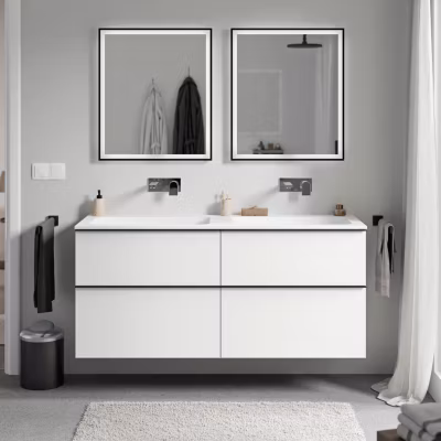 Meuble vasque suspendu MDF Blanc mat, lavabo fonte Blanc mat sans trou robinet, poignée Anthracite mat – 120x46x62cm – LAVOA