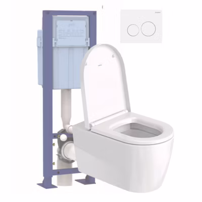 Pack WC suspendu sans bride DURAVIT Me by Starck avec abattant frein de chute + bati support SIAMP + Plaque de commande blanche