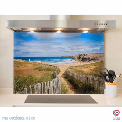 Crédence cuisine fond de hotte Cotes sauvage, Quiberon 1 – Verre trempé – L 90 cm x H 70 cm – MaCrédenceDéco