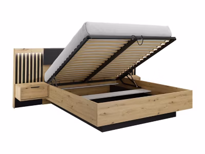 Lit coffre avec chevets 160 x 200 cm – Avec LEDs – Coloris : Naturel et noir – ARIADA