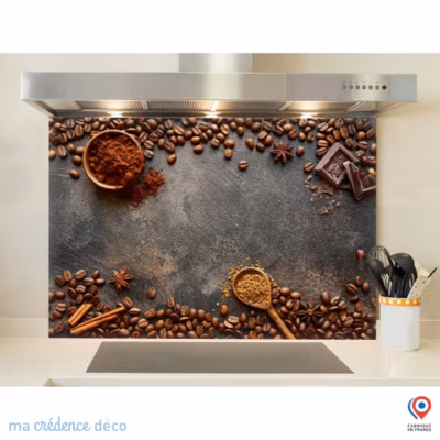 Crédence cuisine fond de hotte Café et chocolat – Verre trempé – L 90 cm x H 50 cm – MaCrédenceDéco