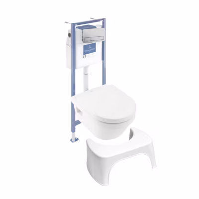 Pack WC sans bride VILLEROY ET BOCH Architectura abattant + bâti-support sol et mur + plaque chromée mat  + Tabouret blanc
