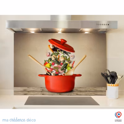 Crédence cuisine fond de hotte Marmite rouge et légumes – Alu composite – L 60 cm x H 45 cm – MaCrédenceDéco