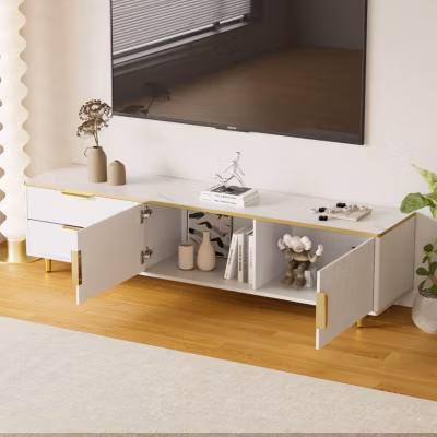 Armoires TV, meuble de salon avec texture marbre, blanc, 175 x 40 x 45 cm