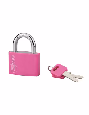 Cadenas à clé, extérieur, alu, 50mm, anse acier nickelé, 2 clés, rose- THIRARD