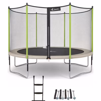 Trampoline de jardin 426 cm + filet de sécurité + échelle + kit d&rsquo;ancrage  JUMPI Taupe/Vert 430