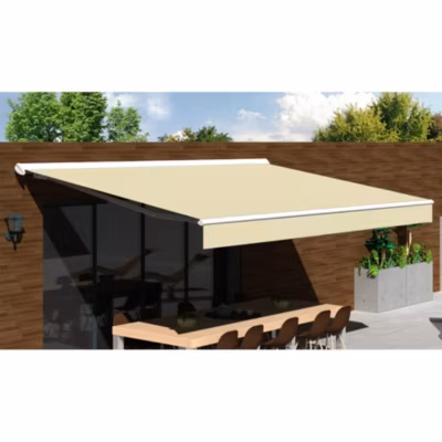 Store banne Semi-coffre COVER 5x3m – Motorisé à télécommande (Blanc – Motorisé à télécommande secours – Ecru)