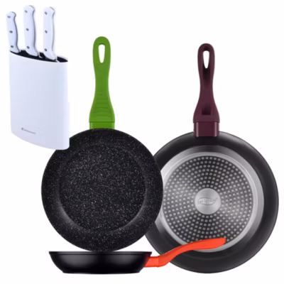 Ensemble de 3 poeles San Ignacio Jolie 20-24-28cm avec bloc a couteaux
