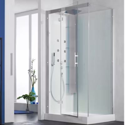 Cabine de douche hydromassante KINEDO HORIZON 110×100 hauteur receveur 17,5cm 1 coulissant finition acier