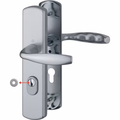 Poignée de porte sur plaque – New York – Hoppe – Aspect inox – Clè I – Avec protecteur de cylindre –