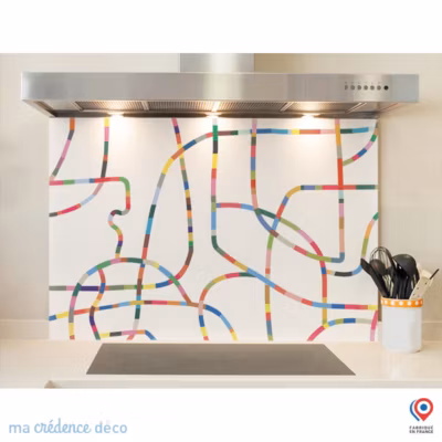 Crédence cuisine fond de hotte Lignes colorées – Verre trempé – L 90 cm x H 60 cm – MaCrédenceDéco