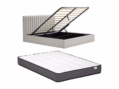Lit coffre 160 x 200 cm – Tissu – Gris clair + Matelas – SARANELI