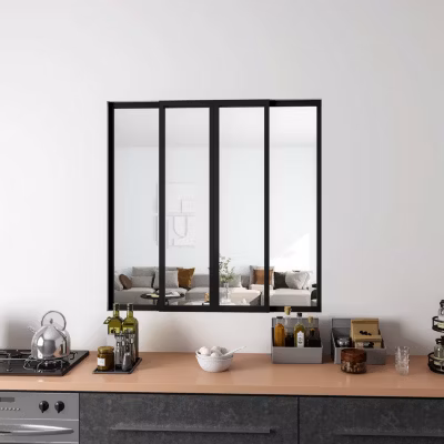 Verrière Atelier Coulissante en Aluminium Noir- L123xH108cm,4 Panneaux en 4mm Verre Trempé,Séparation Élégante Cuisine/Salon