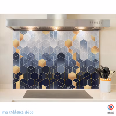 Crédence cuisine fond de hotte Cubes dorées – Verre trempé – L 60 cm x H 45 cm – MaCrédenceDéco