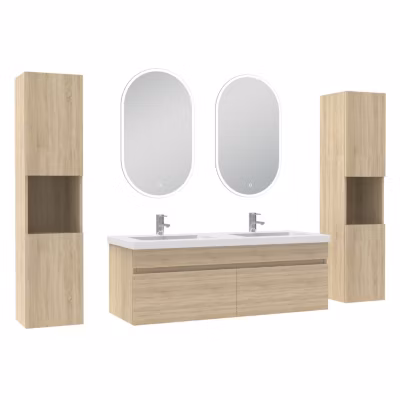 Meubles double vasque 120cm colonne + vasque + miroir lumineux Chêne Wotan