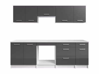 Cuisine complète – Avec plan de travail 240 cm – Gris brillant et Blanc – TRATTORIA