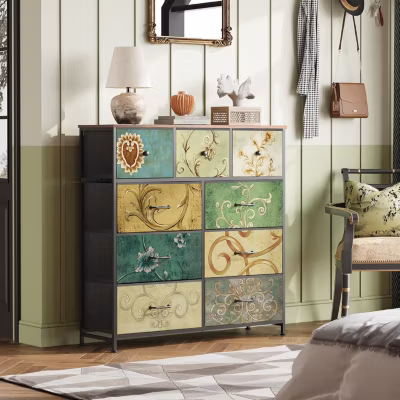 Commode 100 cm, avec 9 tiroirs de rangement, motif vintag, meuble de salon en bois – Multicolore