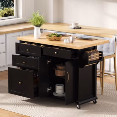 Îlot de Cuisine Mobile Noir avec Tiroirs Multifonction, Table Extensible et 5 Roulettes – MDF, 107×45-70×90,5 cm