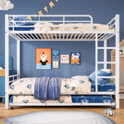 Lit en fer, lit superposé, adapté enfants, lit extensible, quatre barrières latérales lit supérieur, fer, blanc, plusieurs tailles