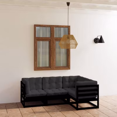 Salon de jardin – vidaXL – 4 pcs – Bois de pin massif – Coussins confort – Noir