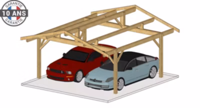 CARPORT BOIS avec couverture acier laqué. Surface hors tout 33m² (emprise 20m² au sol), 5.5M x 6M .GARANTIE 10 ans