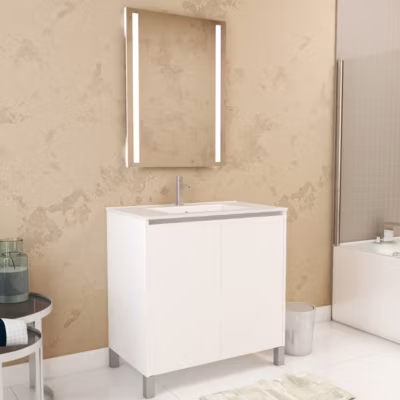 Pack Meuble Salle de Bains 80cm Blanc 2 Portes, Vasque, Miroir 60×80 à Leds intégrées – XENOS