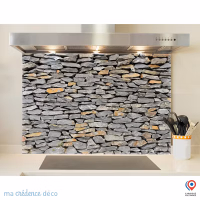 Crédence cuisine fond de hotte Mur de pierres – Verre trempé – L 60 cm x H 45 cm – MaCrédenceDéco