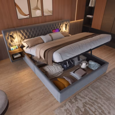 Lit Coffre 180×200 cm – Capitonné avec Lampe de Lecture et USB – 2 Tables de Chevet et Rangement – Velours Gris – Sans Matelas