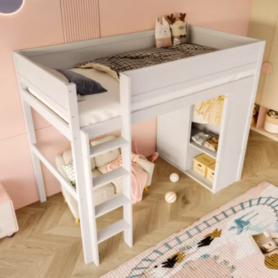 Lit Mezzanine 90 x 200 cm – Lit enfant avec Bureau, Armoire et Tiroirs – Pin + MDF – Sans Matelas – Blanc