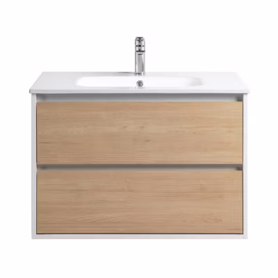 Pack Meuble prémonté 80 blanc effet bois-Vasque céramique-Robinet chromé-Miroir ELY – bain-bain