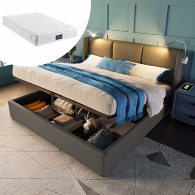 Lit 140×200 cm coffre de rangement avec sommier relevable et tête de lit tapissée gris PU, cadre métal