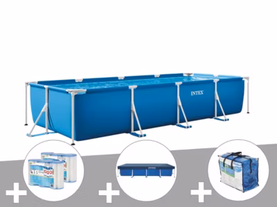 Kit piscine tubulaire rectangulaire 4,50 x 2,20 x 0,84 m + Bâche de protection + 6 cartouches + Bâches à bulles – Intex