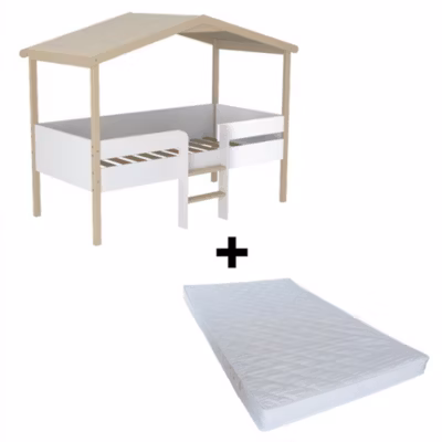 Lit cabane PILOTI 90×190 + 1sommier+ matelas IRIS / Blanc et naturel