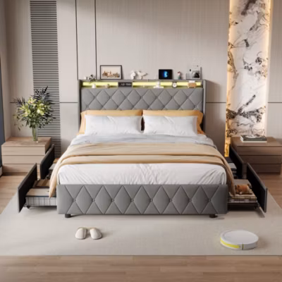 Lit Coffre 160×200 cm avec éclairage LED et Charge USB, Lit simple Rembourré avec 4 tiroirs, Sommier à Lattes, Velours, Gris